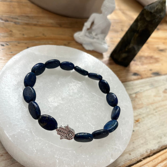 Handmade Lapis Lazuli Nugget Bead Bracelet, Hamsa Hand Charm