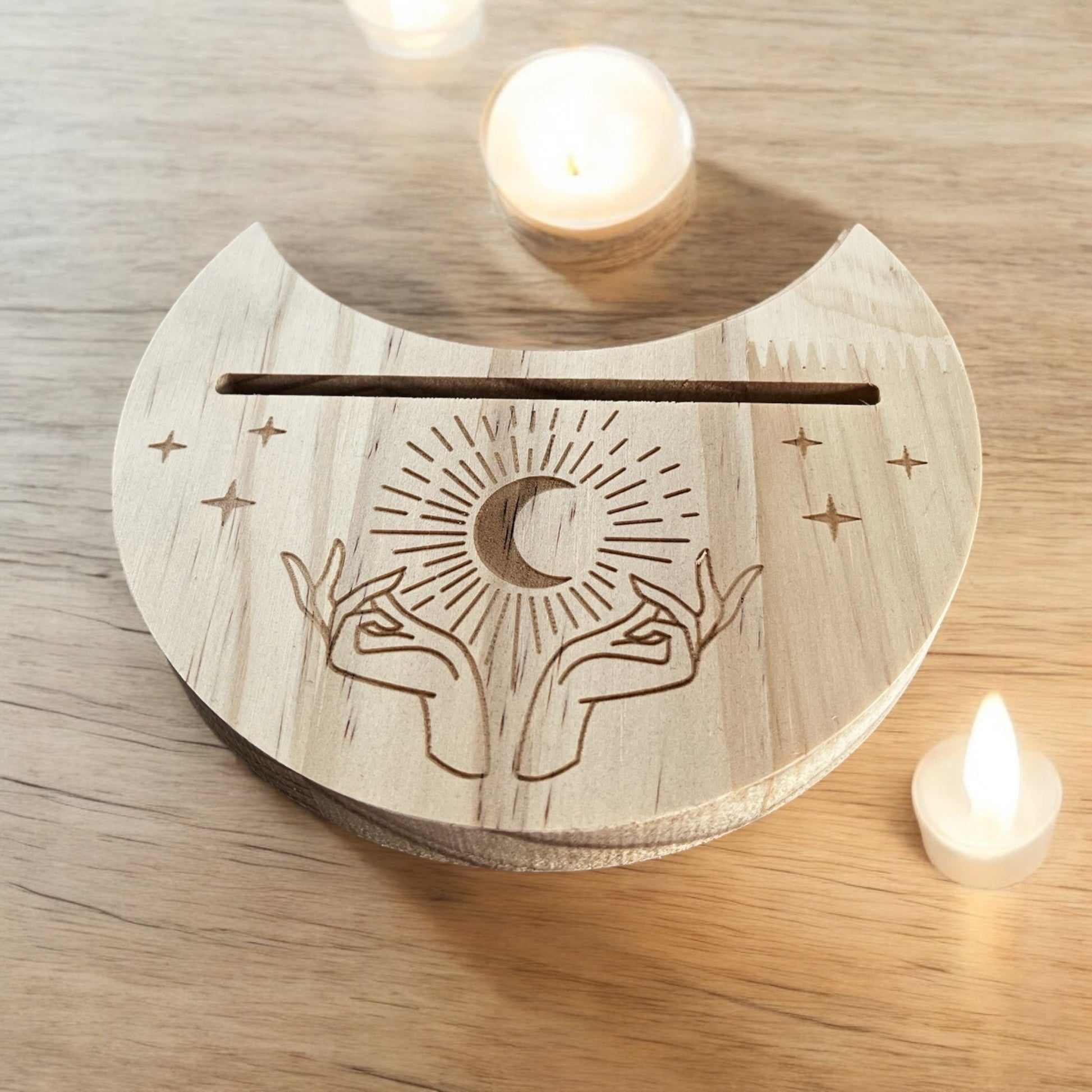 Crescent Moon Wooden Tarot/Oracle Card Stand - Amethyst Essential Healing