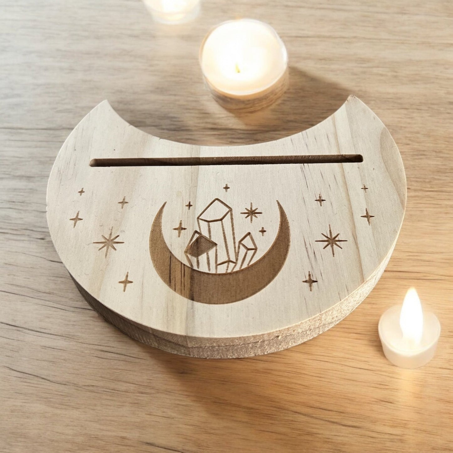 Crescent Moon Wooden Tarot/Oracle Card Stand - Amethyst Essential Healing