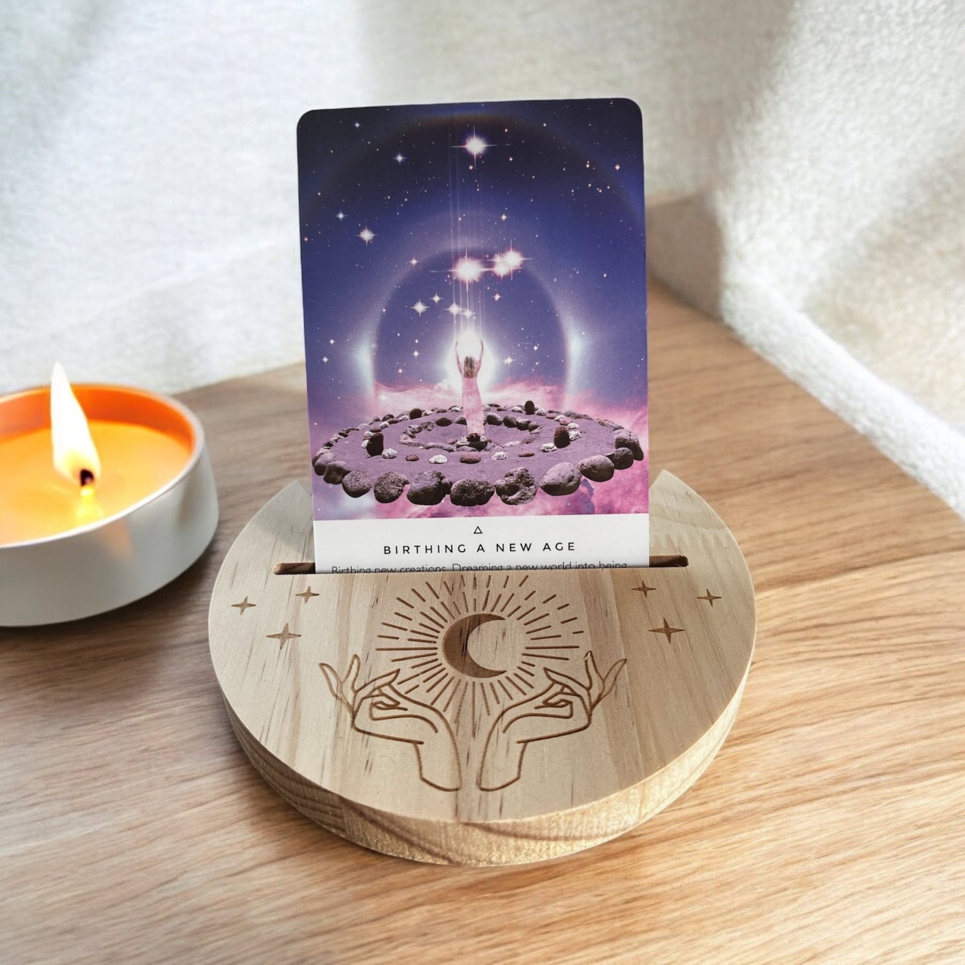 Crescent Moon Wooden Tarot/Oracle Card Stand - Amethyst Essential Healing