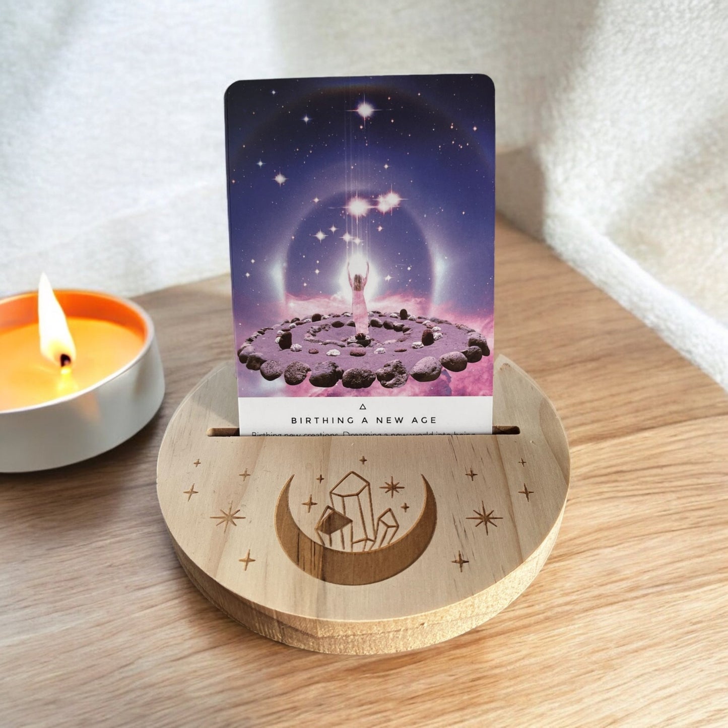 Crescent Moon Wooden Tarot/Oracle Card Stand - Amethyst Essential Healing