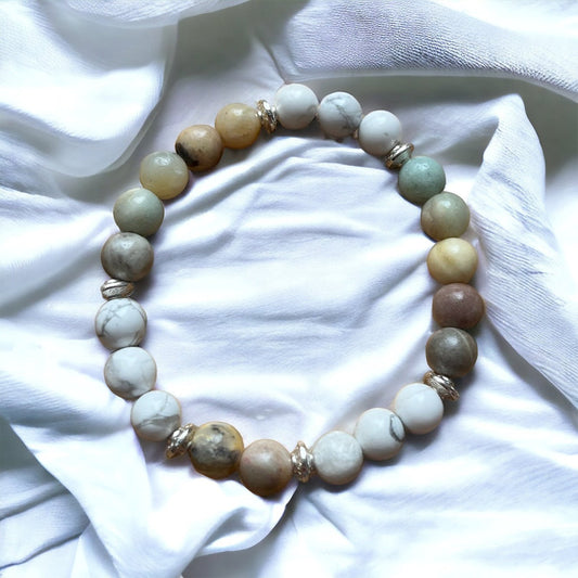 Handmade Amazonite & Howlite Ball Bead Stretch Bracelet - Amethyst Essential Healing