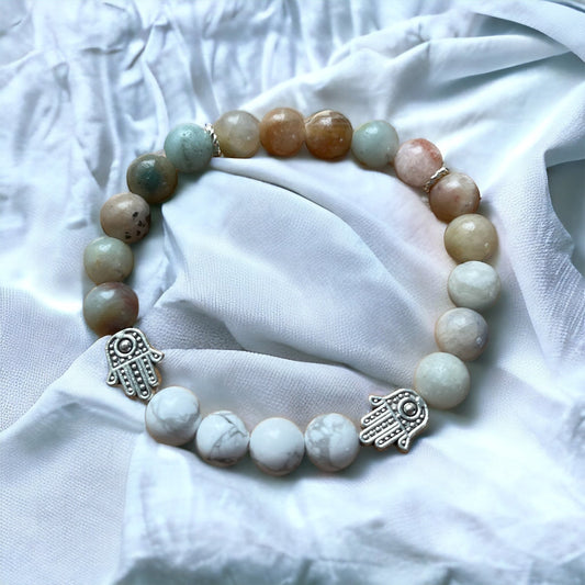 Handmade Amazonite & Howlite Ball Bead Stretch Bracelet with Hamsa Hand Charms - Amethyst Essential Healing