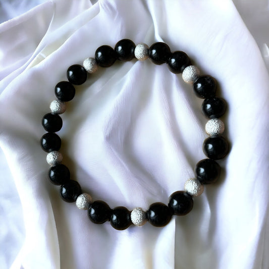 Handmade Black Onyx Ball Bead Stretch Bracelet - Amethyst Essential Healing