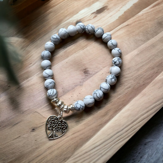 Handmade Howlite Ball Bead Stretch Bracelet with Tree of Life Heart Charm - Amethyst Essential Healing