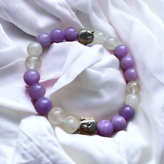 Handmade Selenite & Lepidolite Ball Bead Stretch Bracelet with Buddha Charms - Amethyst Essential Healing