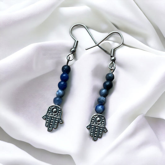 Handmade Sodalite & Hamsa Hand Drop Earrings - Amethyst Essential Healing