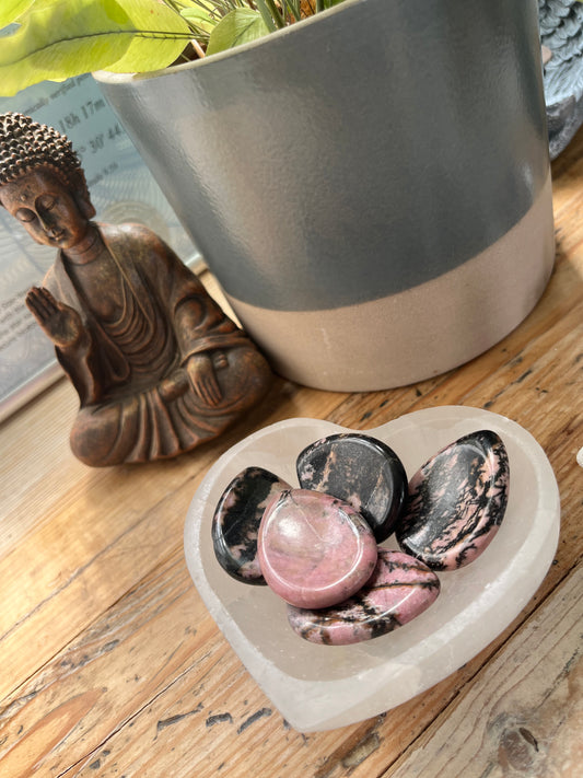Rhodonite Worry Stones | Thumb Stone | Heart Chakra Healing Media, Pink & Black, Polished Crystal