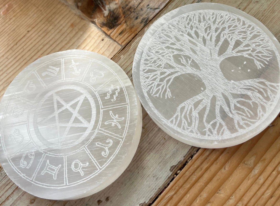 Selenite Charging Plate | Tree of LIfe | Signs of the Zodiac - Amethyst Essential Healing